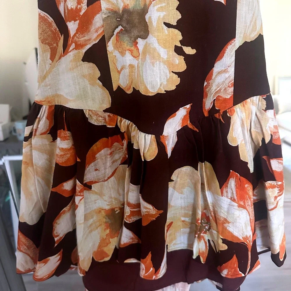 Peppermayo Brown Floral Linen Halter Neck Sunset Ballad Mini Dress Resortwear  S